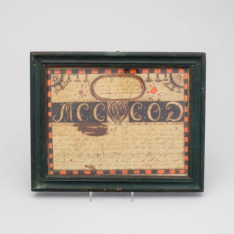 A pair of 19th century folk art brides mittens and a congratulation picture.