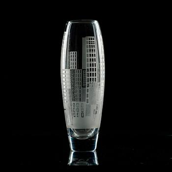 A Vicke Lindstrand etched and engraved glass vase vase, 'Manhattan', Kosta 1950's.