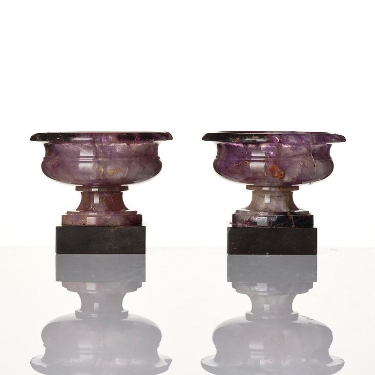 A pair of 'Blue John' feldspar salts, 19th century.