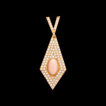 A coral and brilliant cut diamond pendant, tot. 3.80 cts. Stockholm, 1982.