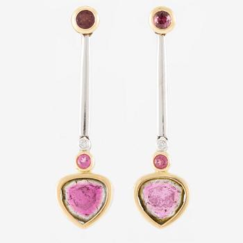 Earrings, a pair, 18K gold with small brilliant-cut diamonds and watermelon tourmalines.