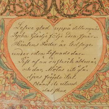 A set of three folk art commemorative paintings, 19th century.