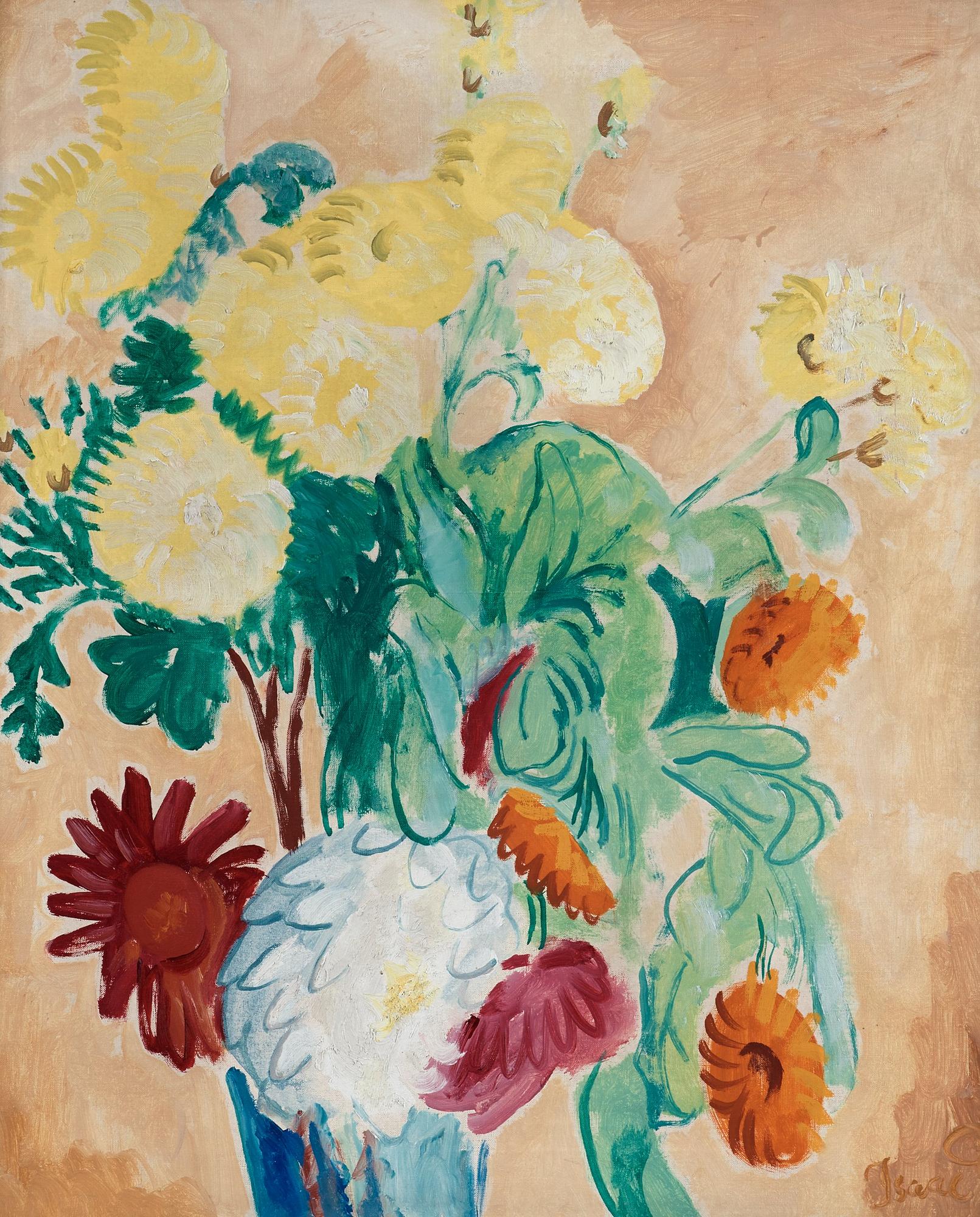 Isaac Grünewald, Gula astrar, ringblommor och pion i vas.