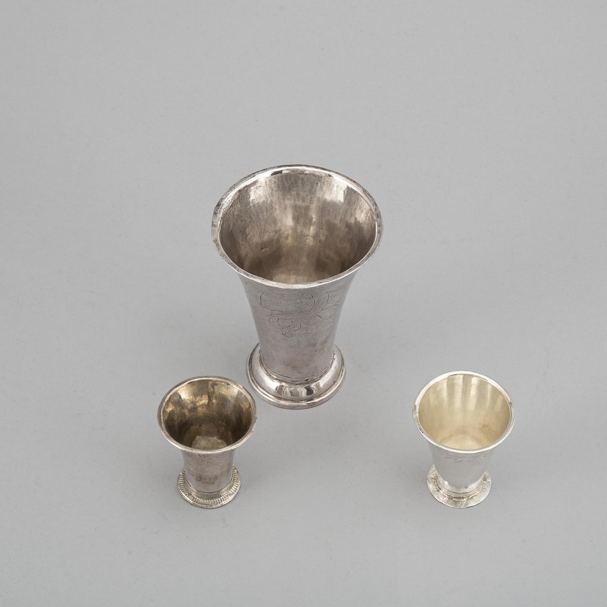 Three Swedish 19th century silver beakers.