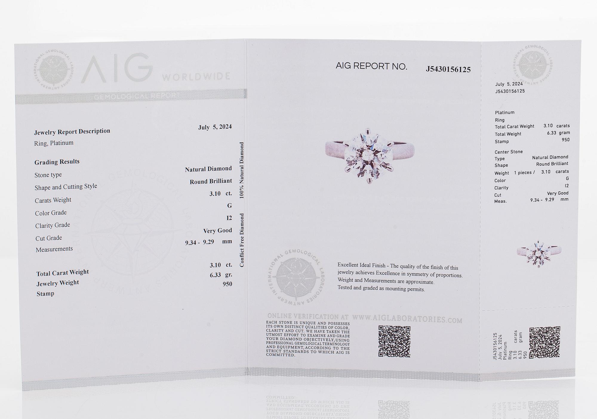 A platinum ring, with a brilliant-cut diamond approximately 3.10 ct. Domino Jewellery, Birmingham, England.