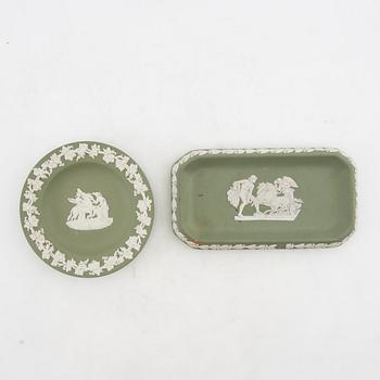 A collection of boxes, plates, and a vase 9 dlr mostly Wedgwood England 20th century jasperware.