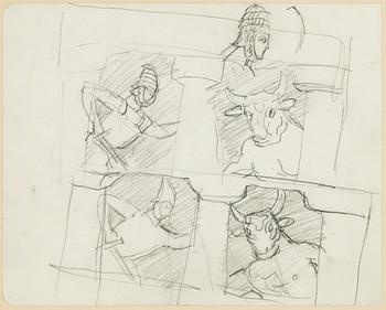Hilding Linnqvist, pencil drawings, 2 + 3, framed together.