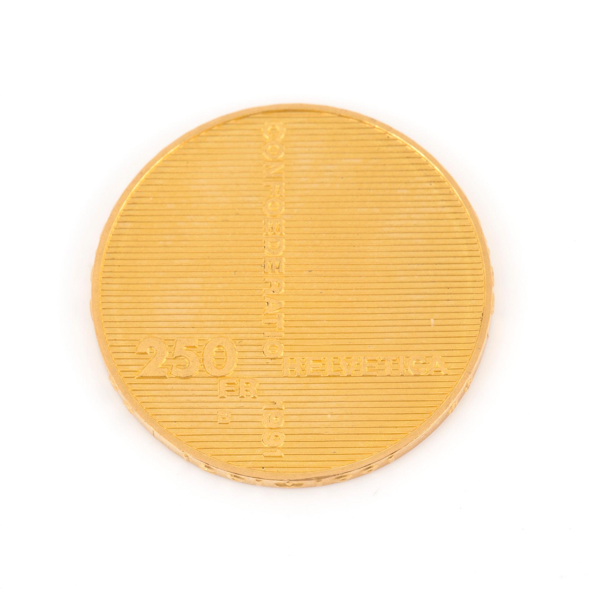 GULDMYNT, 250 Franc, jubileum 1291-1991, Schweiz. Vikt ca 8 gram.
