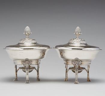 A pair of Swedish Empire silver tureens on stand, mark of Adolf Zethelius, Stockholm 1830.