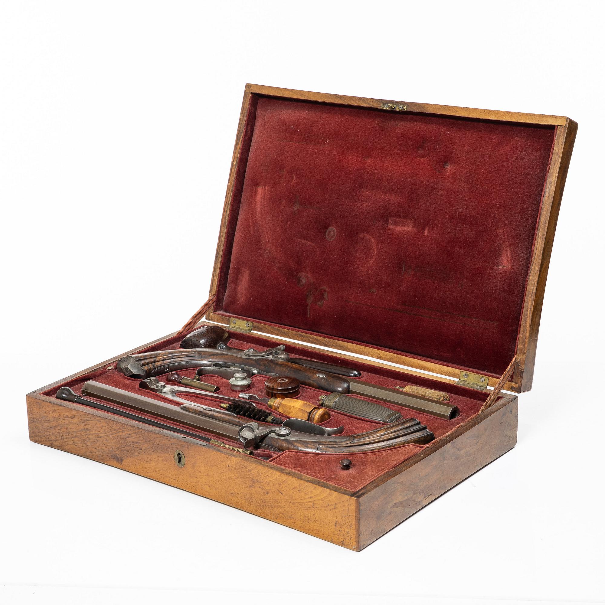 A cased pair of percussion pistols by Pondevaux & Jussy, S.Etienne (1845-1880), France.