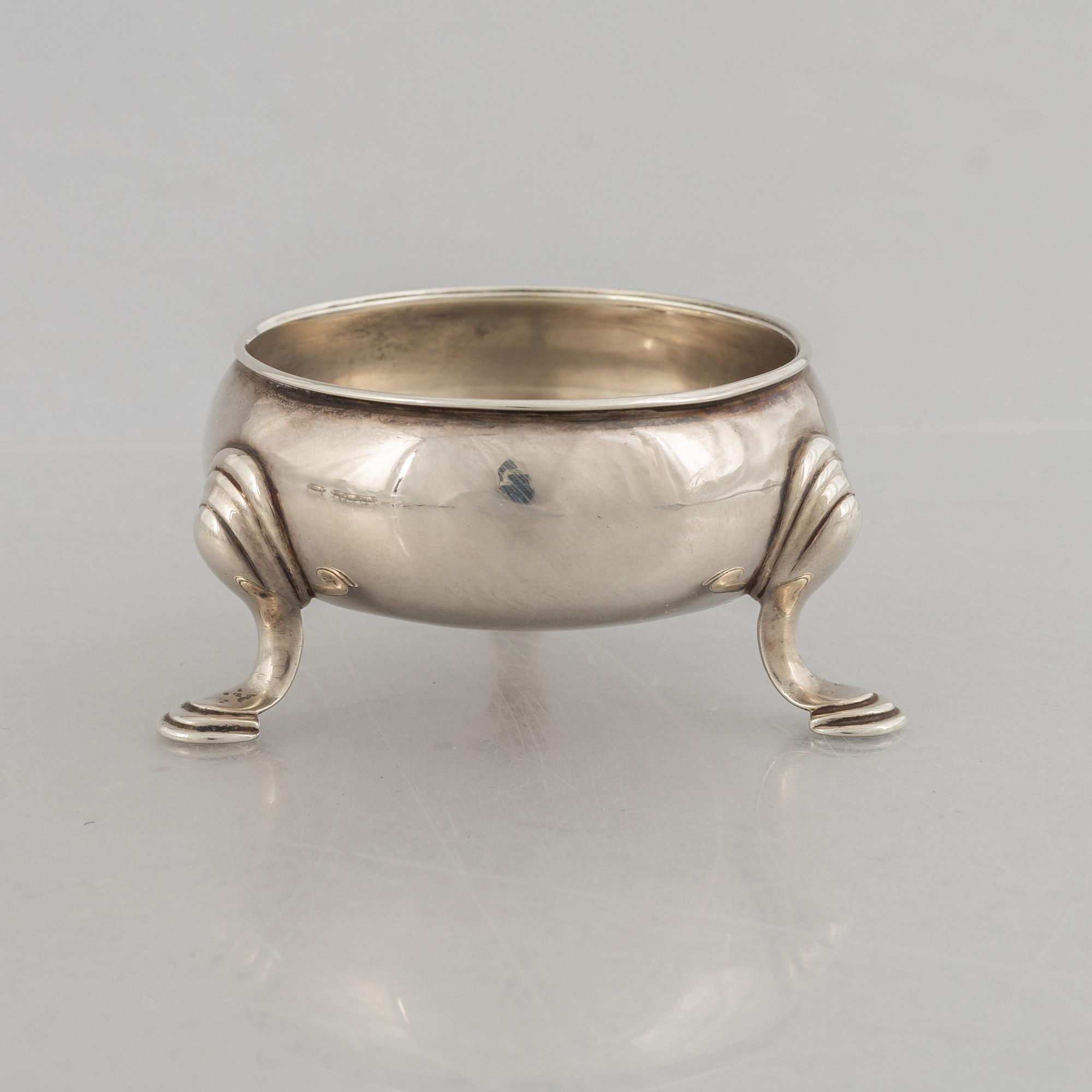 Five English silver salt cellars, circa mid 18th Century.