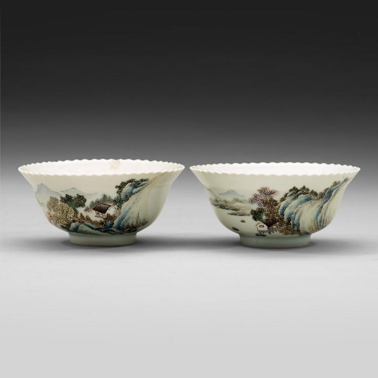 A set of two famille rose bowls. Republic, early 20th century, with Guangxus six character mark.