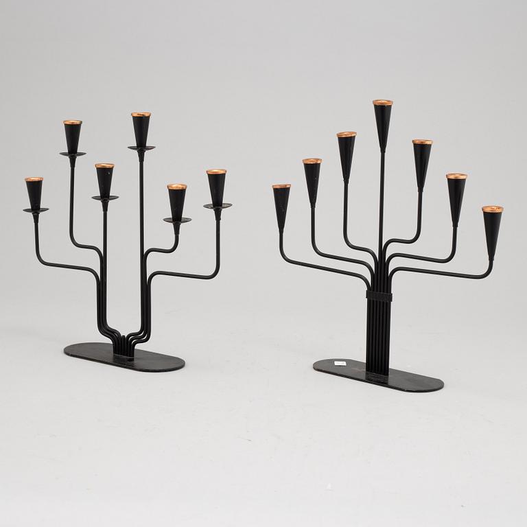 Gunnar Ander, a set of two copper and metal six-light candelabra from Ystad Metall.