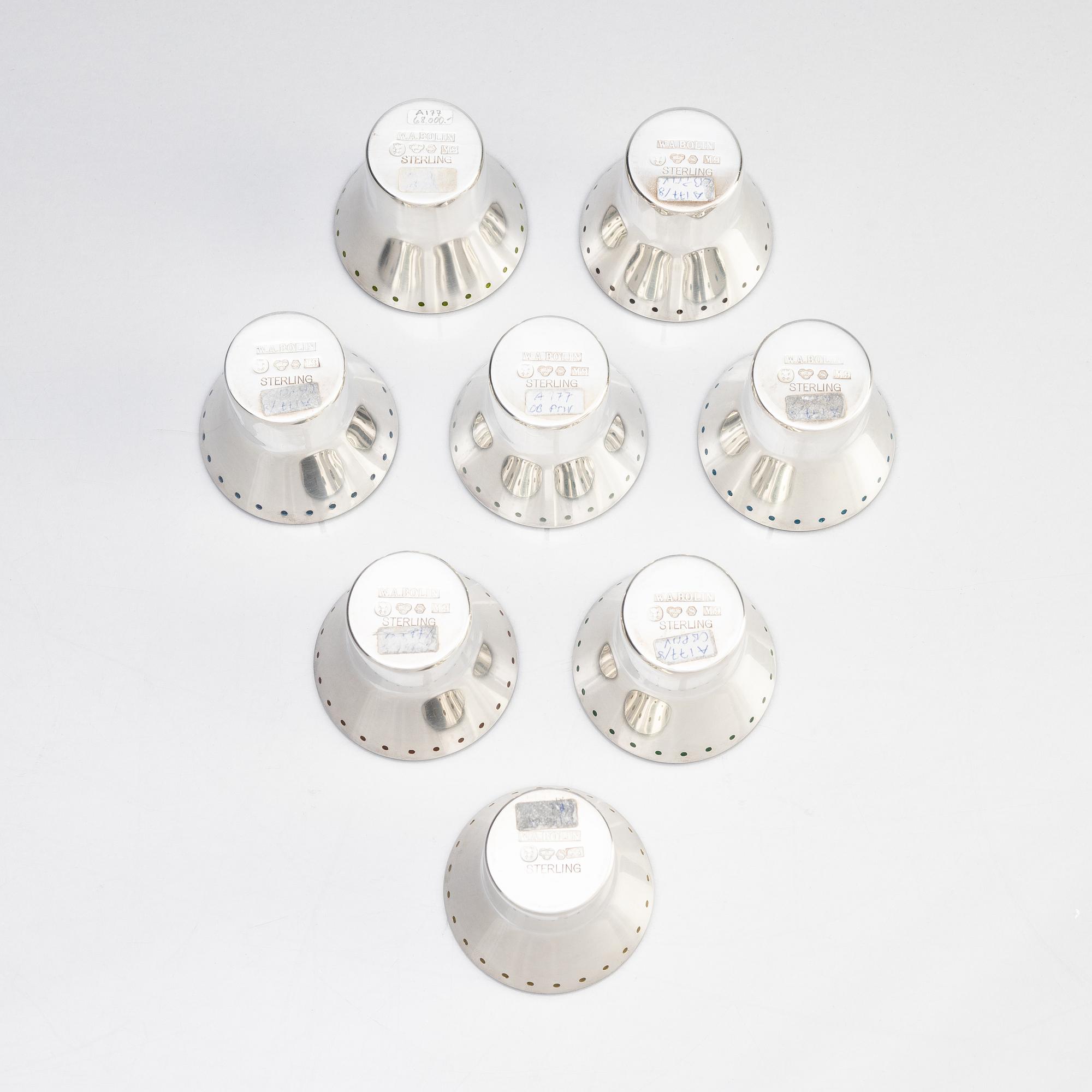 Eight sterling silver and enamel beakers, design and enamelling by Barbro Littmarck, W.A. Bolin, Stockholm 1961-66.