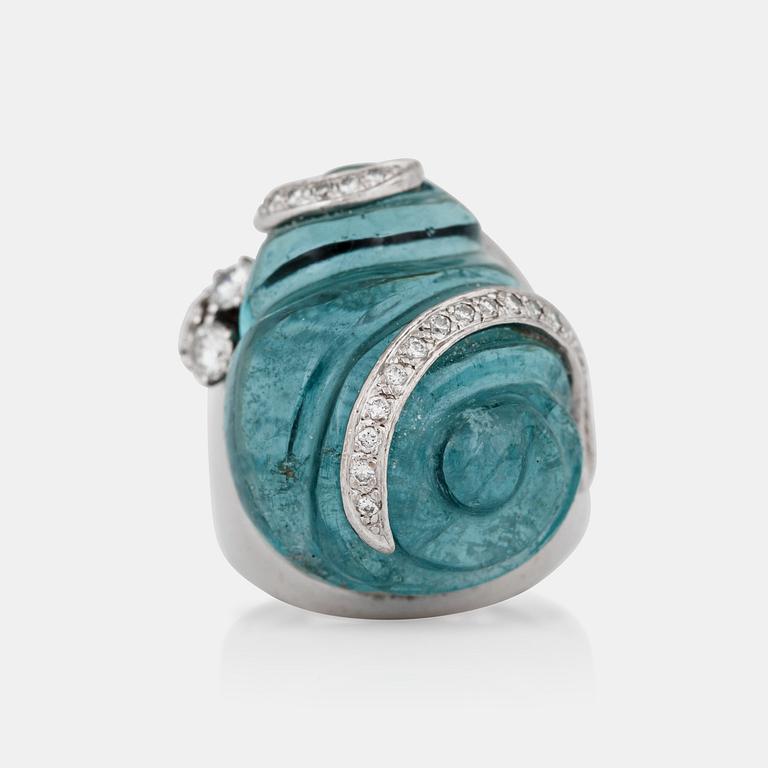 A carved aquamarine and diamond ring designed by Siegfried Egger, Stockholm.