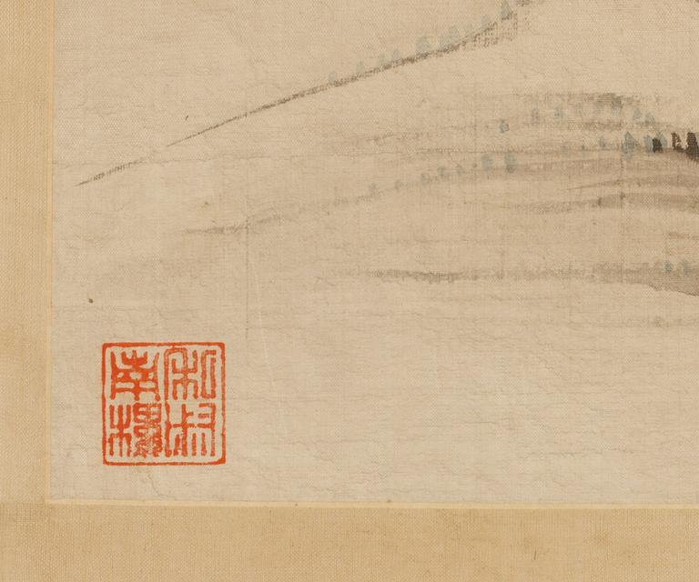 MÅLNING, akvarell på siden. Qing dynastin (1644-1912).