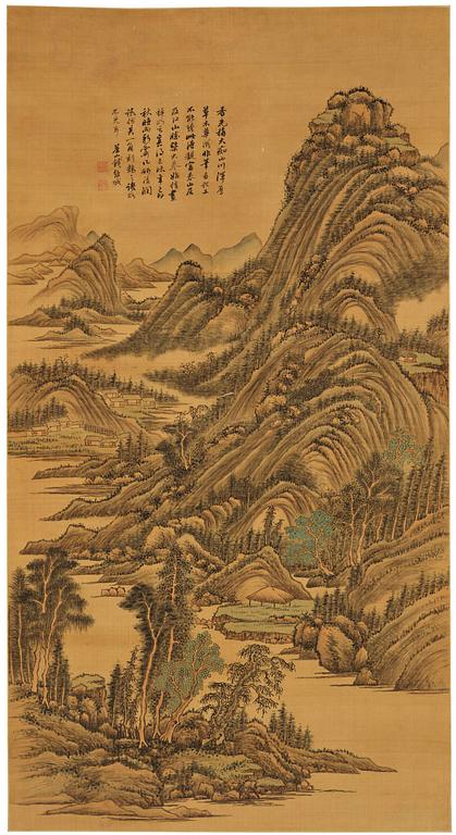 Qian Weicheng, (China 1720-1772), ink and colour on silk. 'Mountainious landscape'.