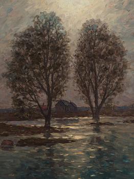 Per Ekström. Landscape at sunset with cottages.