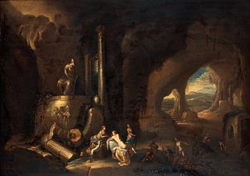 412. Abraham van Cuylenborch Hans krets, Grottlandskap med antika statyer och nakna nymfer.