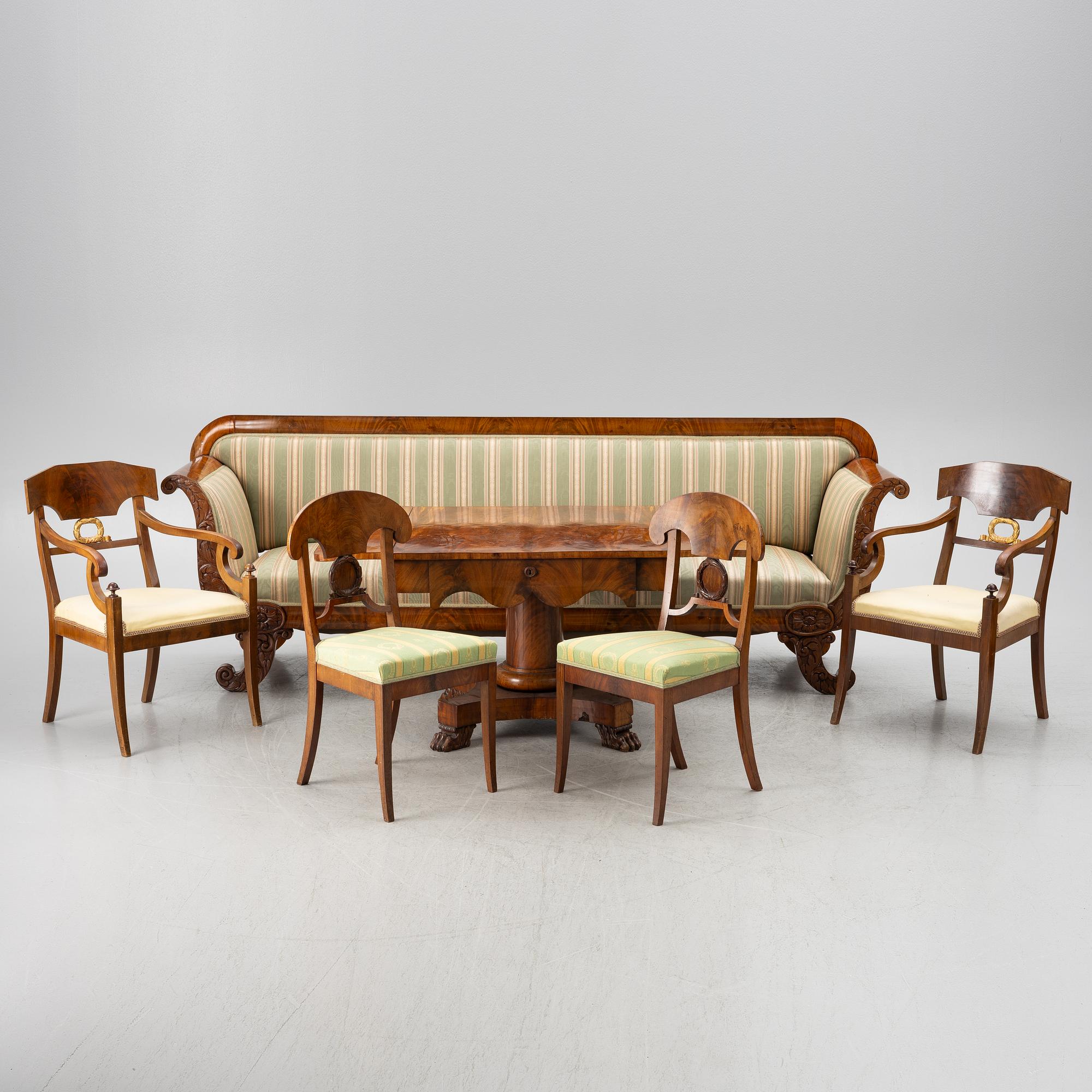 Sofa, 2 armchairs, 2 chairs, drop-leaf table Karl Johan, different models, 19th century.
