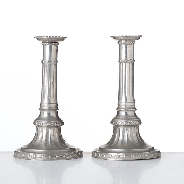 A pair of pewter candlesticks by Olof Martin Moberg, Jönköping 1791.