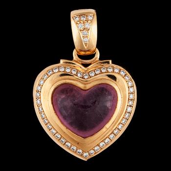 1379. A heart chaped pink tourmaline and brilliant cut diamond pendant.