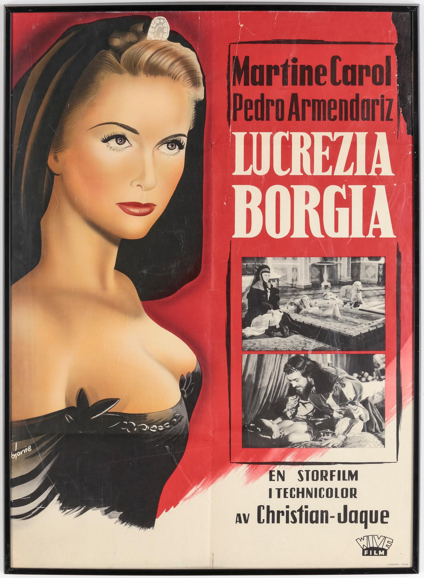 FILMAFFISCH, "Lucrezia Borgia", 1952, tecknad av Walter Björne. Tryckt av Ljunglöfs, Stockholm.