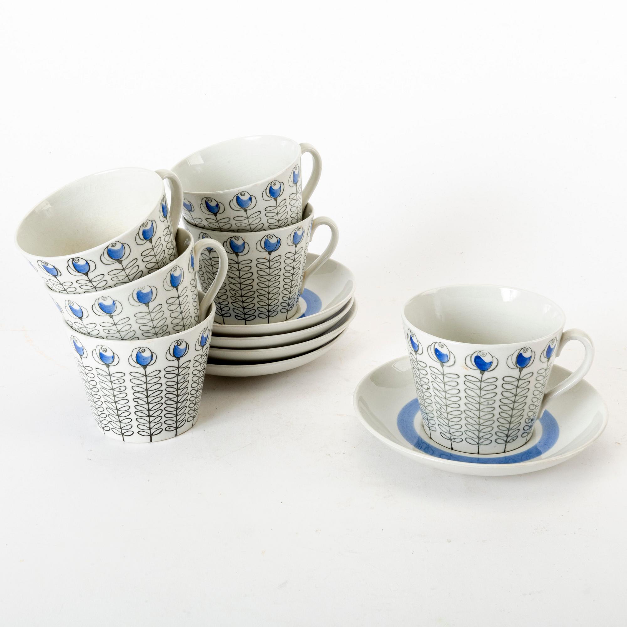 Arthur Percy, six porcelain teacups cups and five saucers, "Bukett" Gefle, Sweden.