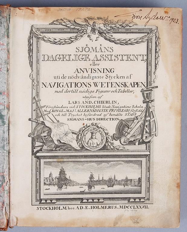 BÖCKER, 2 st, "Telegraf-signaler för flottorna", Karlskrona 1821 resp "Sjömäns dagelige assistent..." Stockholm 1777.