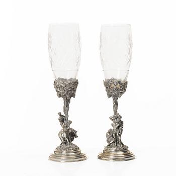 Champagne glasses, a pair, silver and glass, 20th century.