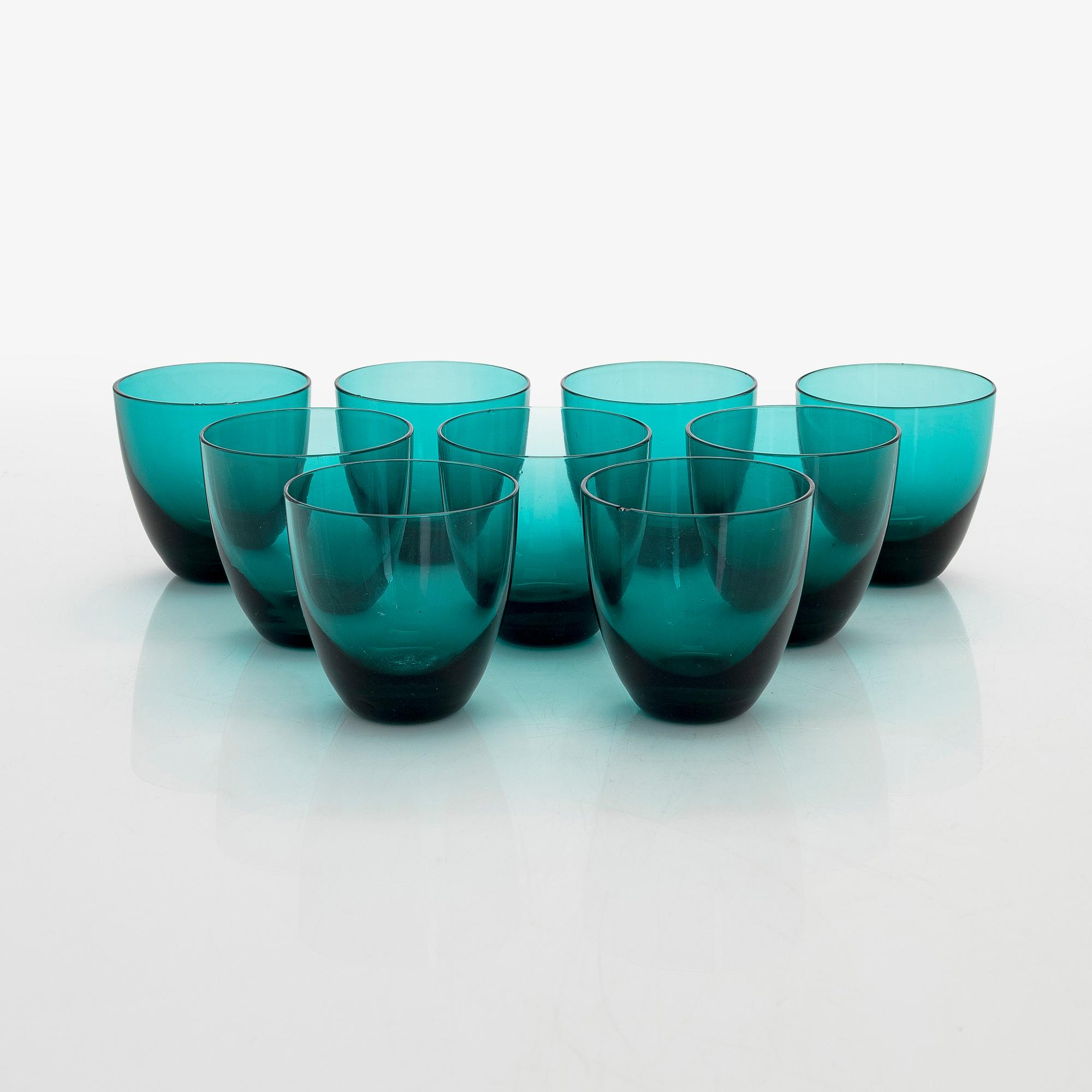 Nanny Still,  9 + 6drinking glasses, and a jug, model T/335, "Nukkumatti", Riihimäen Lasi.