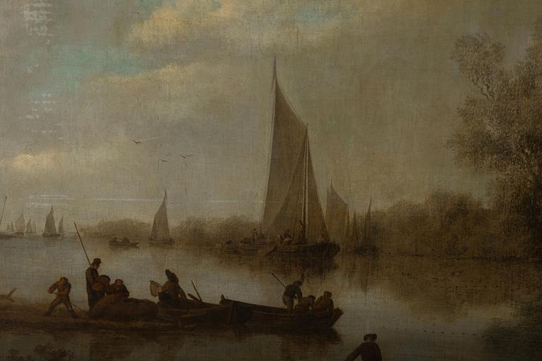 Salomon van Ruysdael, River landscape with fishermen, figures and boats.