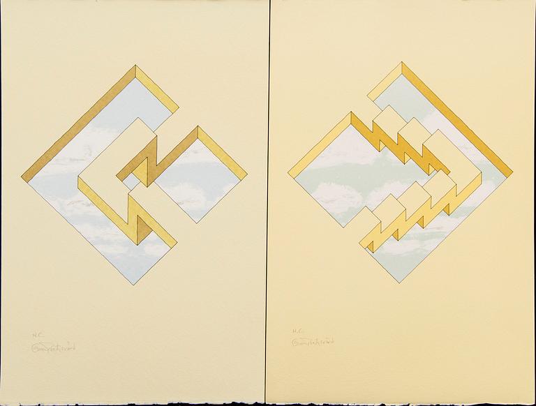 Oscar Reutersvärd, four colour lithographs, signed HC and EA.