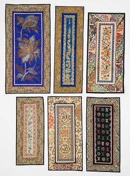 Silk panels, six pieces, China, late Qing dynasty/circa 1900.