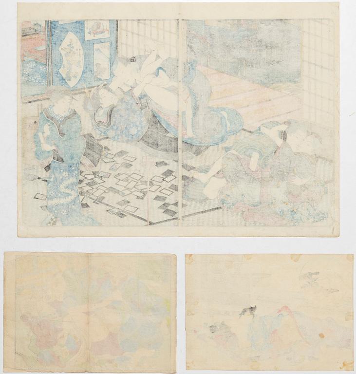 Oidentifierade konstnärer, tre träsnitt med erotiska motiv, s.k. 'shunga', 1800-/1900-tal.