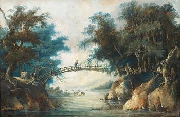 296. Louis Belanger, Flodlandskap med kvinna på en bro.