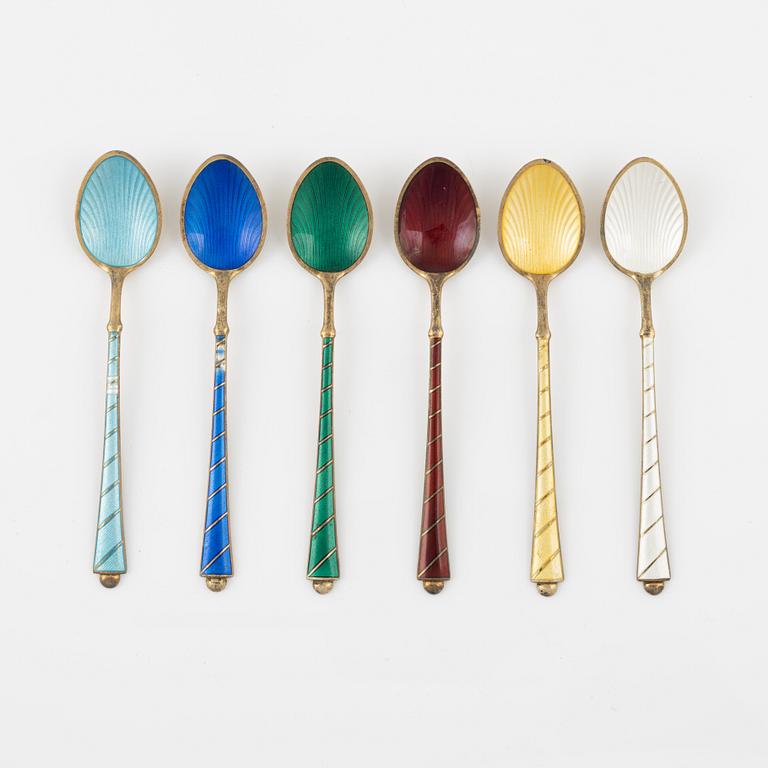 Six Silver-Gilt and Enamel Mocha Spoons, Denmark mid 20th century.