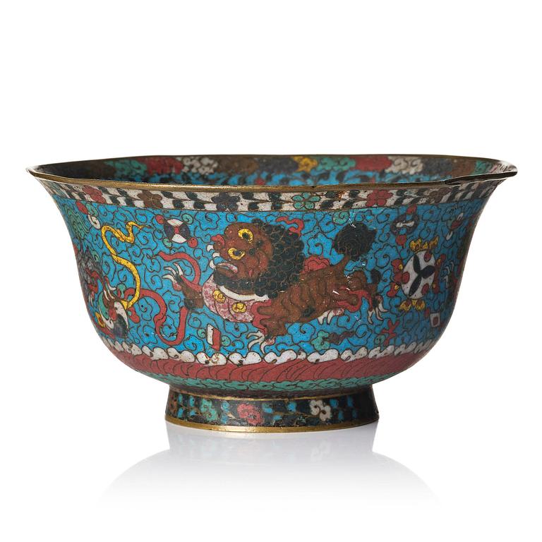 A cloisonne 'mythical beast' bowl, Ming dynasty (1368-1644).