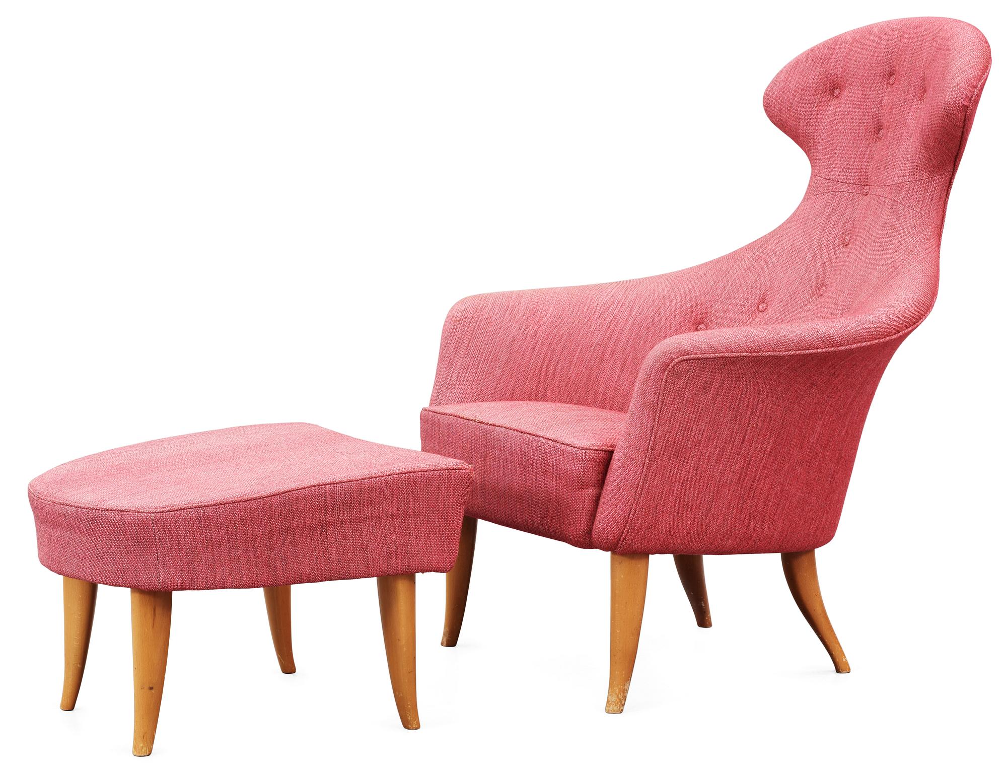 KERSTIN HÖRLIN-HOLMQUIST, fåtölj med fotpall, "Stora Eva", Triva-serien, NKs verkstäder i Nyköping, 1950-60-tal.