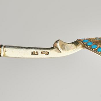 A Russian parcel-gilt cloisonné enamel spoon, maker's mark cyrillic possibly, GS for Grigory Spitnev, Moscow, 1908-1926.