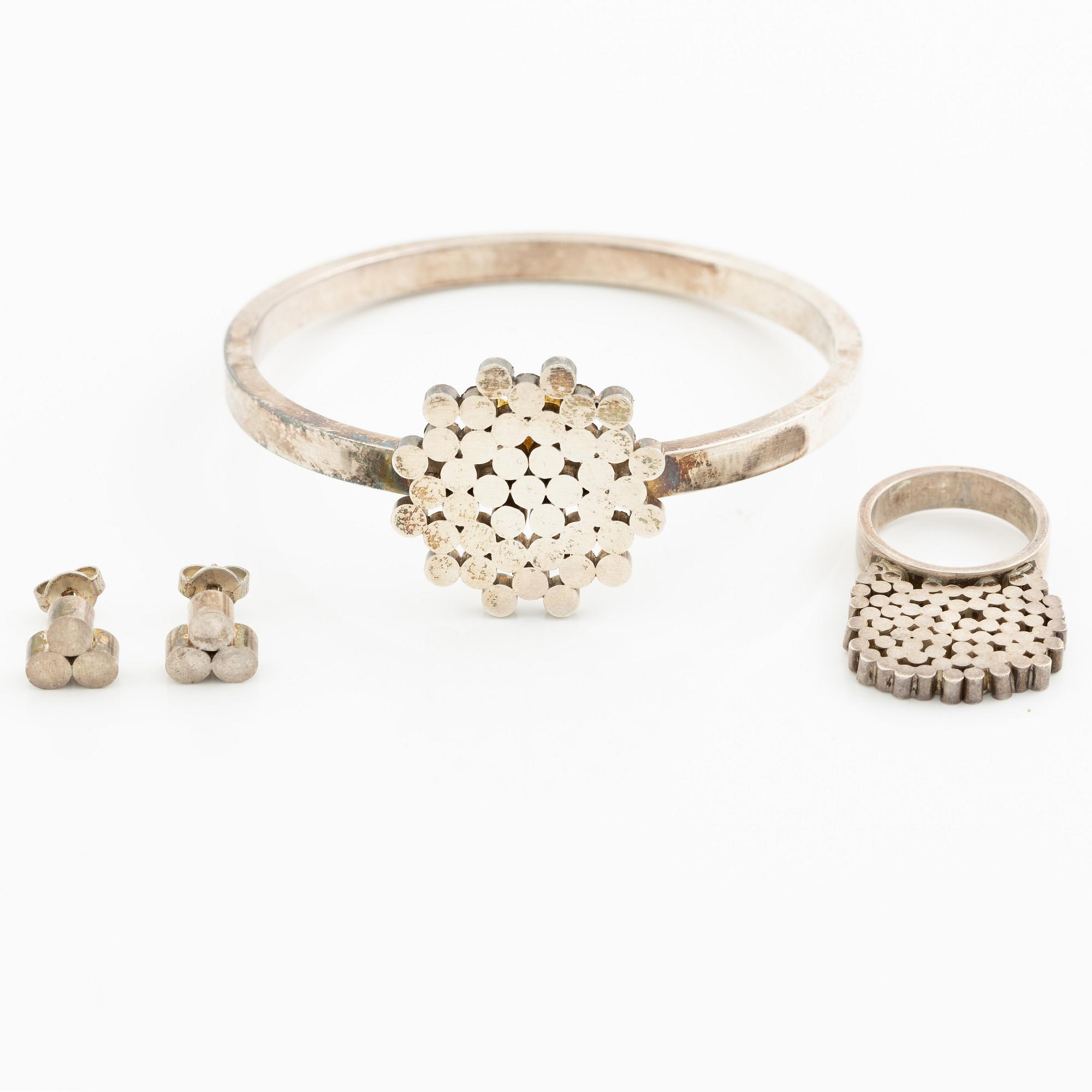 Cecilia Johansson, a bracelet, a ring, and a pair of earrings, silver, Gothenburg 1964 and 1965.