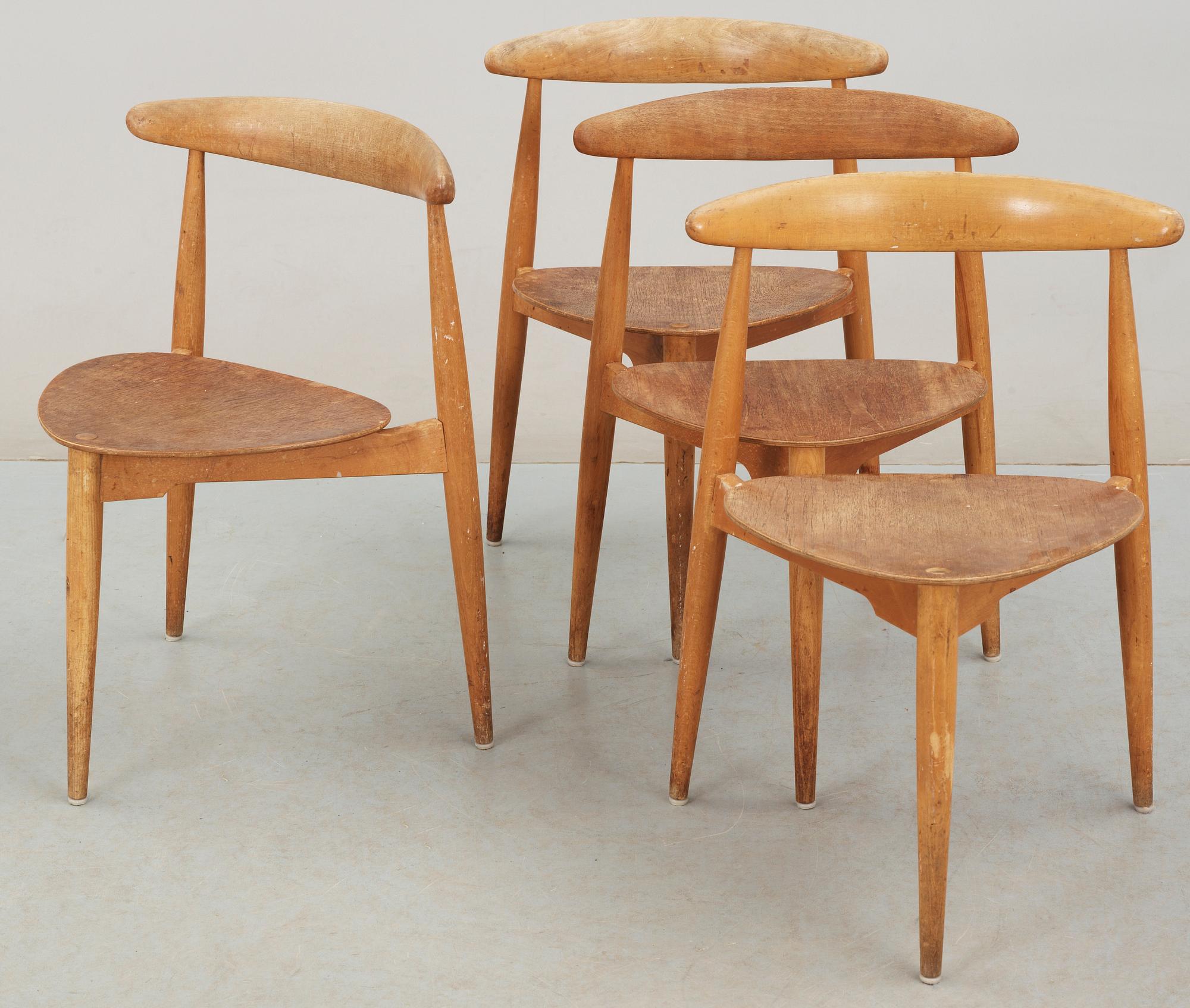 STOLAR, 4 st, "Hjertestolen" Hans J Wegner, Fritz Hansen, Danmark, 1950-tal.