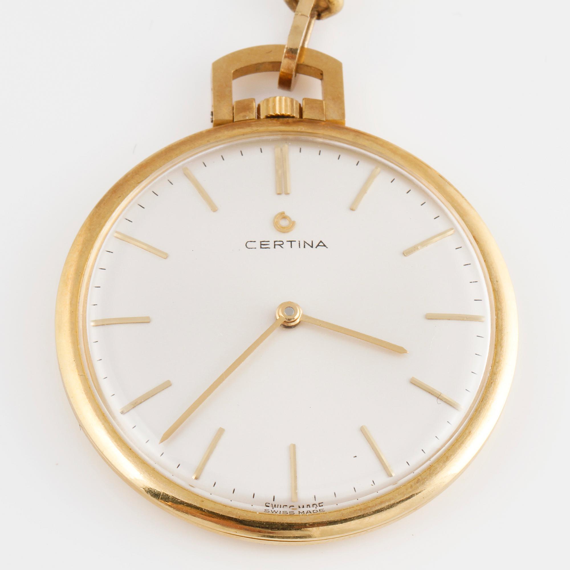 FICKUR, guld, 18 K, Certina, 1900-talets andra hälft. Fickurets totala vikt 35 g.