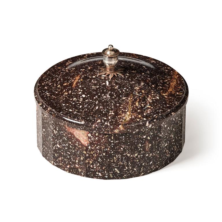 A Swedish Empire porphyry butter box with cover, 19th century.