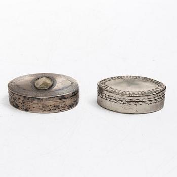 Five silver boxes, 19th century.