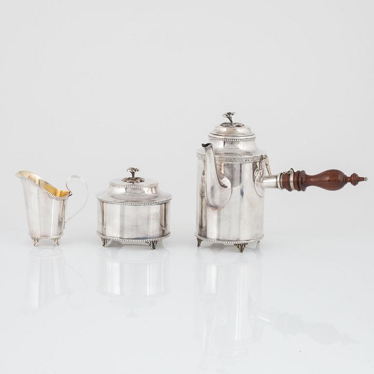 A Swedish Silver Coffee Pot, Creamer and Sugar Bowl, Eric Löfman, MGAB, Uppsala 1976-77.