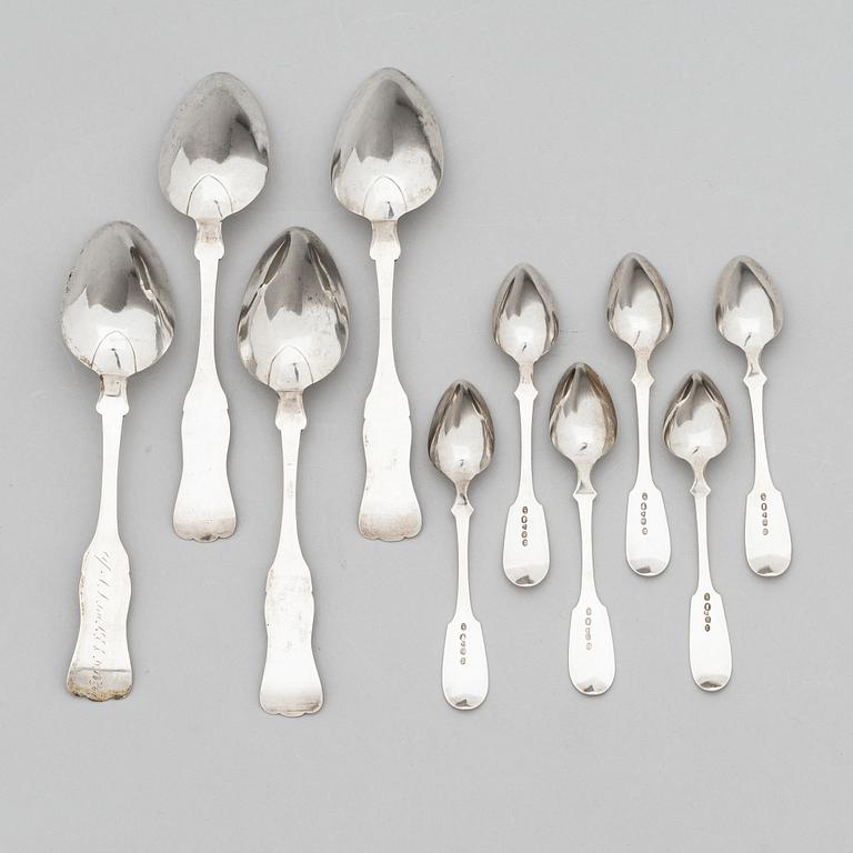 Finnish, 19th-century silver dinner and teaspoons, ten pieces, Jakobstad 1862 and Helsinki 1883.