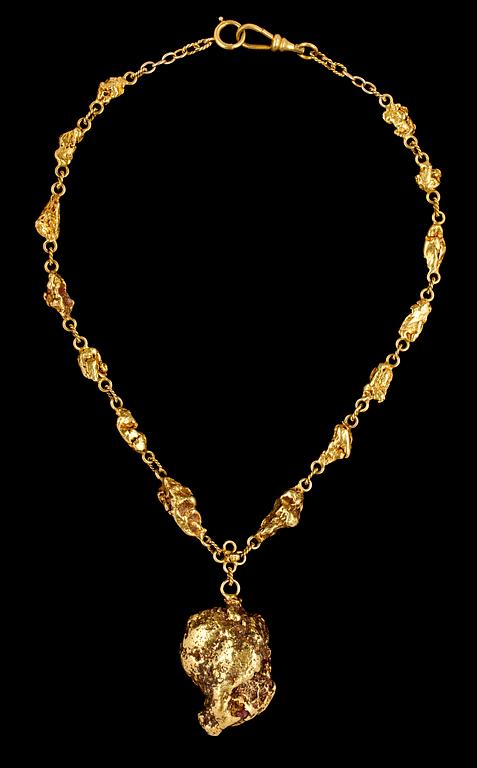 COLLIER, handgjord collier av sk goldnuggets och stor guldklimp. 1960'tal.