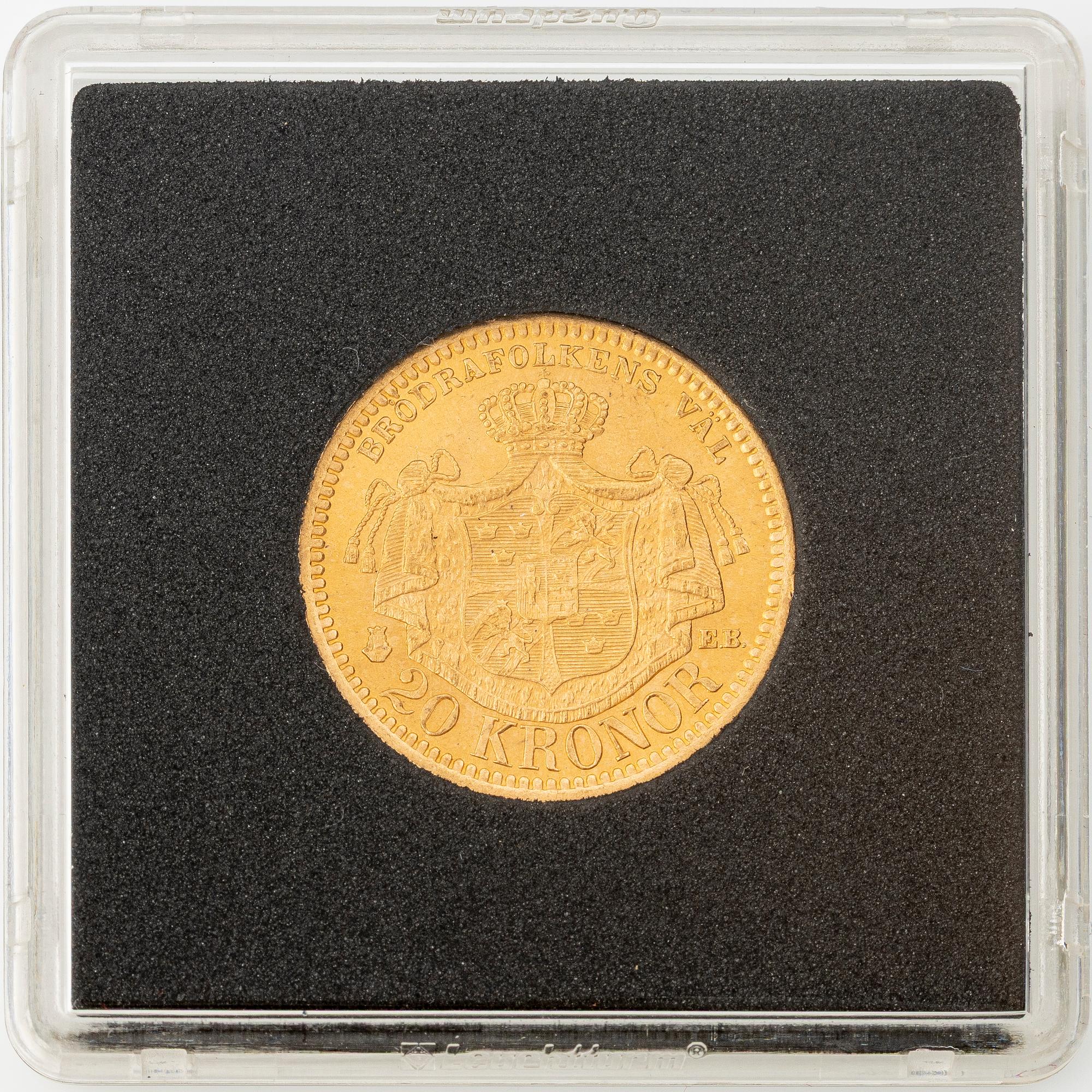 Gold coin, Oscar II, 20Kr, type III, Sweden 1881.