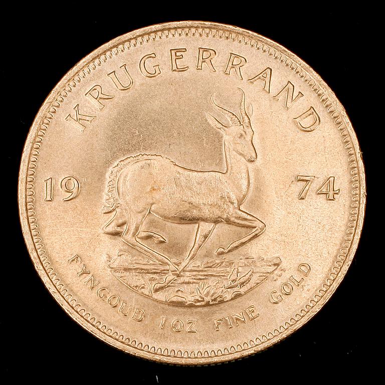 GULDMYNT, finguld, Krugerrand, Sydafrika, 1974. Vikt 34 gr.